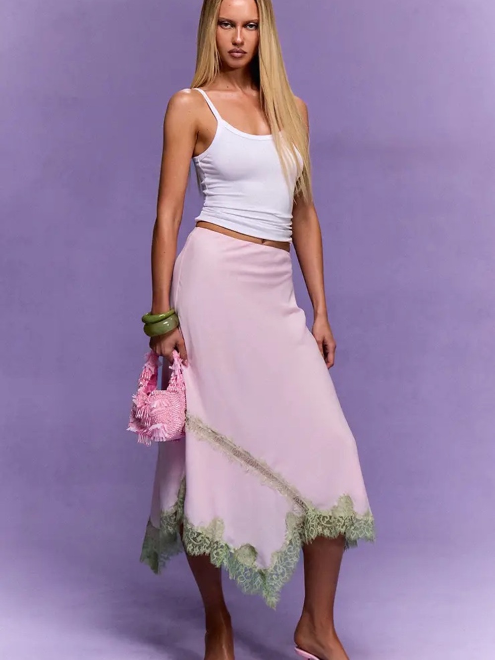 PrettyLittleThing Pink Asymmetrical Midi Skirt with Green Lace Trim